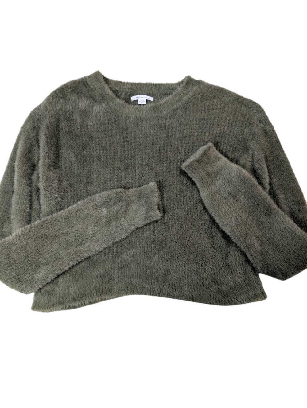 American Eagle Green Fuzzy Sherpa Crop Sweater Size Medium Faux Fur Y2K